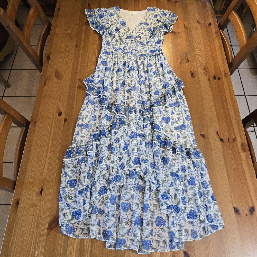 Blue Floral Maxi Garden Party Prarie Dress Feminie Ruffle Details Size Small